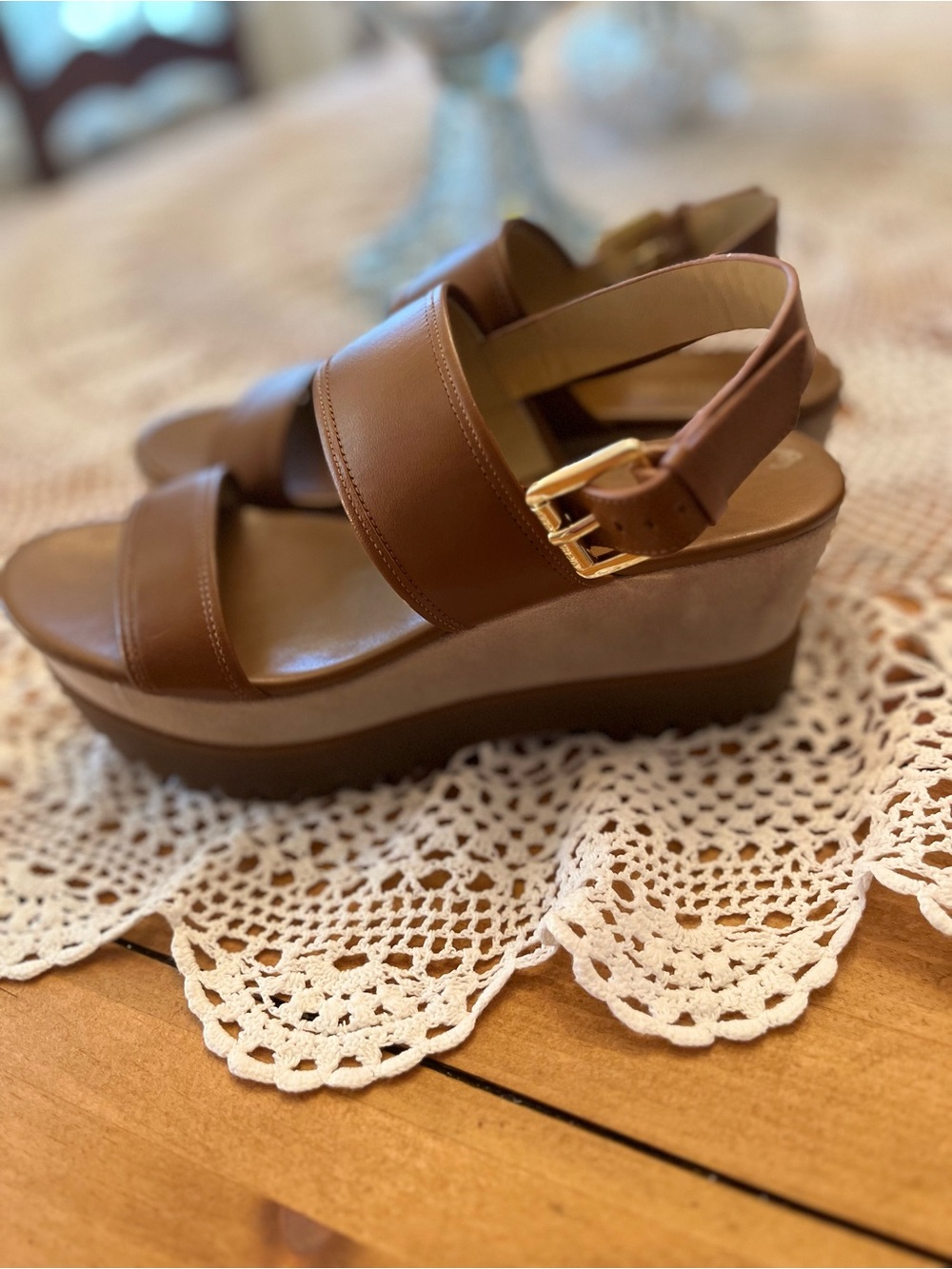 Michael Kors Tan Suede and Brown Leather Lug Platform Sandals with Gold Buckle - Picture 2 of 12